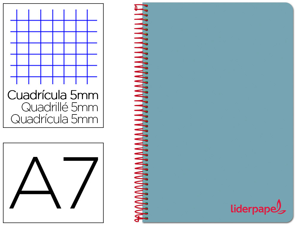 CADERNO ESPIRAL LIDERPAPEL WONDER MICRO DIN A7 CAPA PLASTICO 100 F 90 GR QUADRICULA 5MM 4 BANDAS DE CORES COR CELESTE