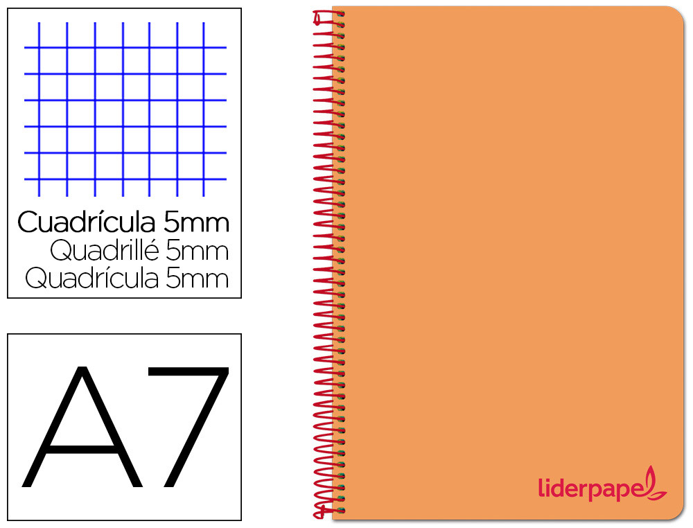 CADERNO ESPIRAL LIDERPAPEL WONDER MICRO DIN A7 CAPA PLASTICO 100 F 90 GR QUADRICULA 5MM 4 BANDAS DE CORES COR LARANJA