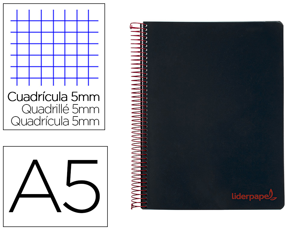 CADERNO ESPIRAL LIDERPAPEL WONDER MICRO DIN A5 CAPA PLASTICO 120 F 90 GR QUADRICULA 5MM 5 BANDAS DE CORES 6 FUROS PRETO