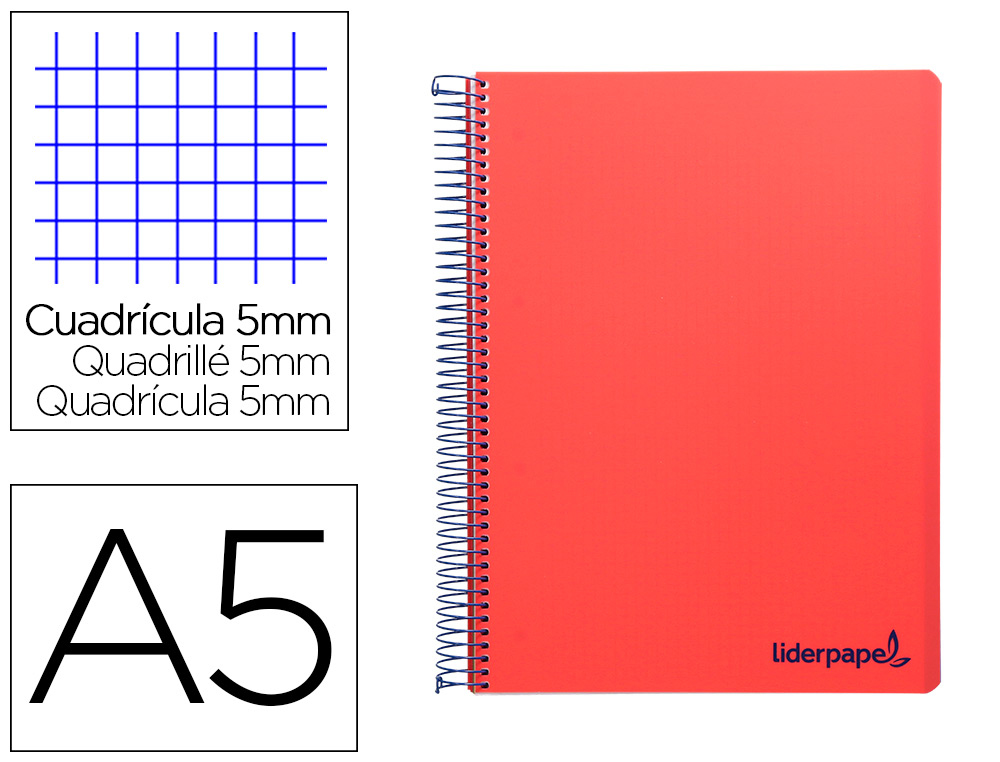 CADERNO ESPIRAL LIDERPAPEL WONDER MICRO DIN A5 CAPA PLASTICO 120 F 90 GR QUADRICULA 5MM 5 BANDAS DE CORES 6 FUROS VERMEL