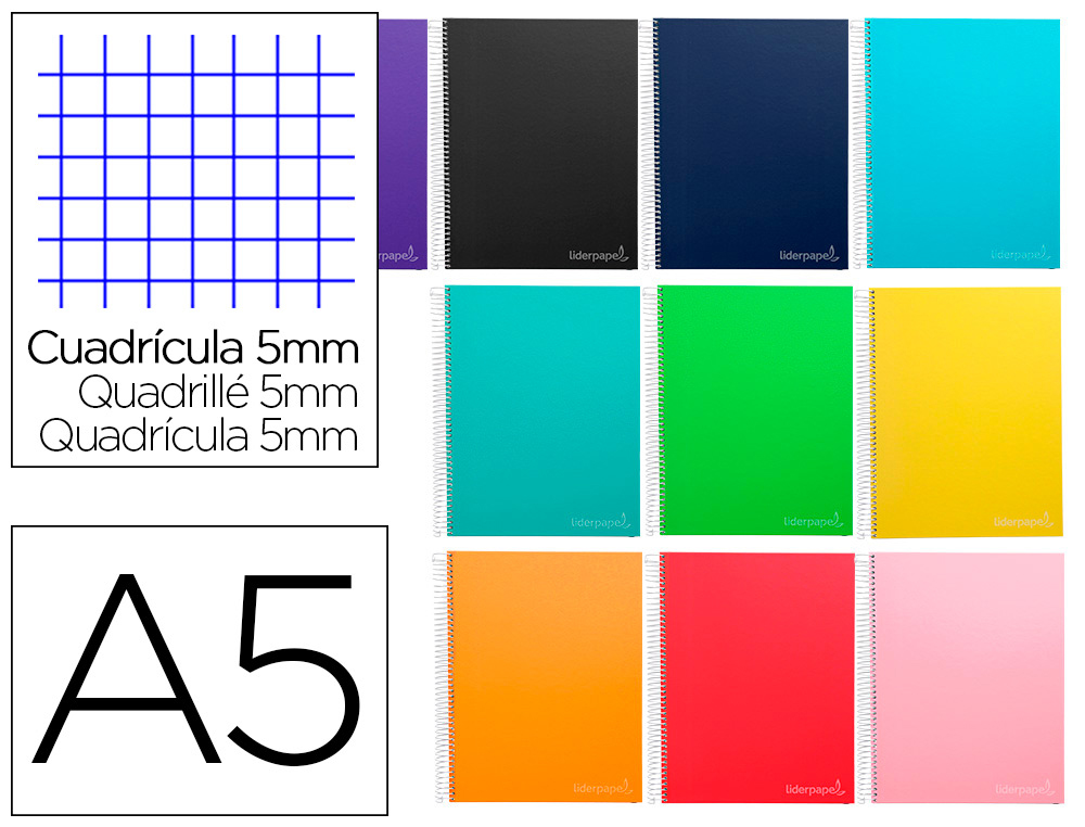 CADERNO ESPIRAL LIDERPAPEL DIN A5 JOLLY CAPA FORRADA 140 F 75 GR QUADRICULA 5MM 5 BANDAS DE CORES 6 FUROS CORES SORTIDAS