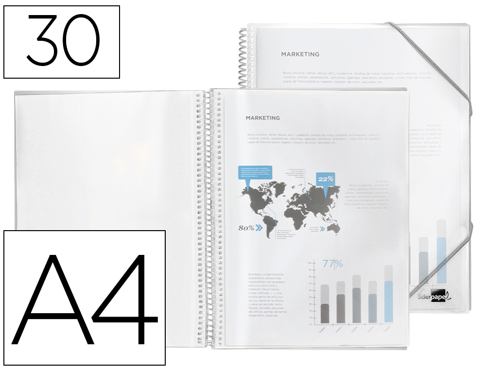 CAPA CATALOGO LIDERPAPEL COM ESPIRAL 30 BOLSAS POLIPROPILENO DIN A4 TRANSPARENTE