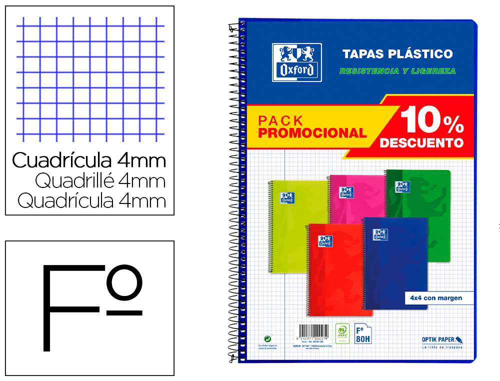 CADERNO ESPIRAL OXFORD CAPA PLASTICO FOLIO 80 FOLHAS QUADRICULA 4 MM PACK 4+1 UNIDADES CORES VIVAS