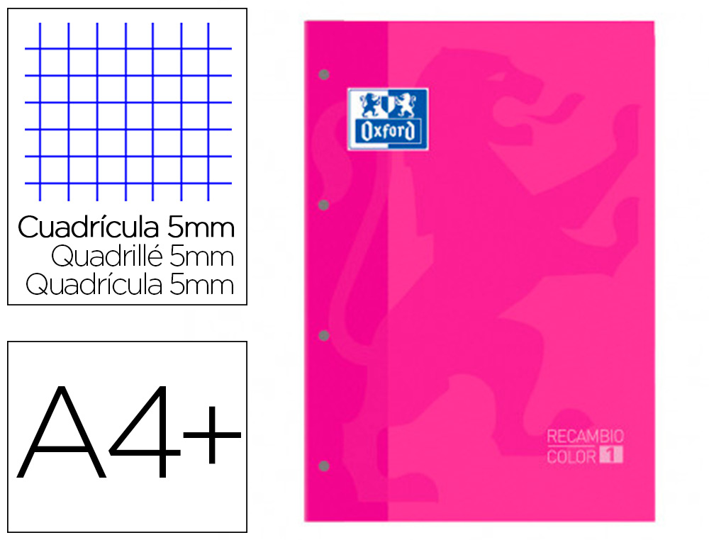 RECARGA COR 1 OXFORD DIN A4+ 80 FOLHAS 90 GR QUADRICULA 5 MM 4 FUROS COR FUCSIA
