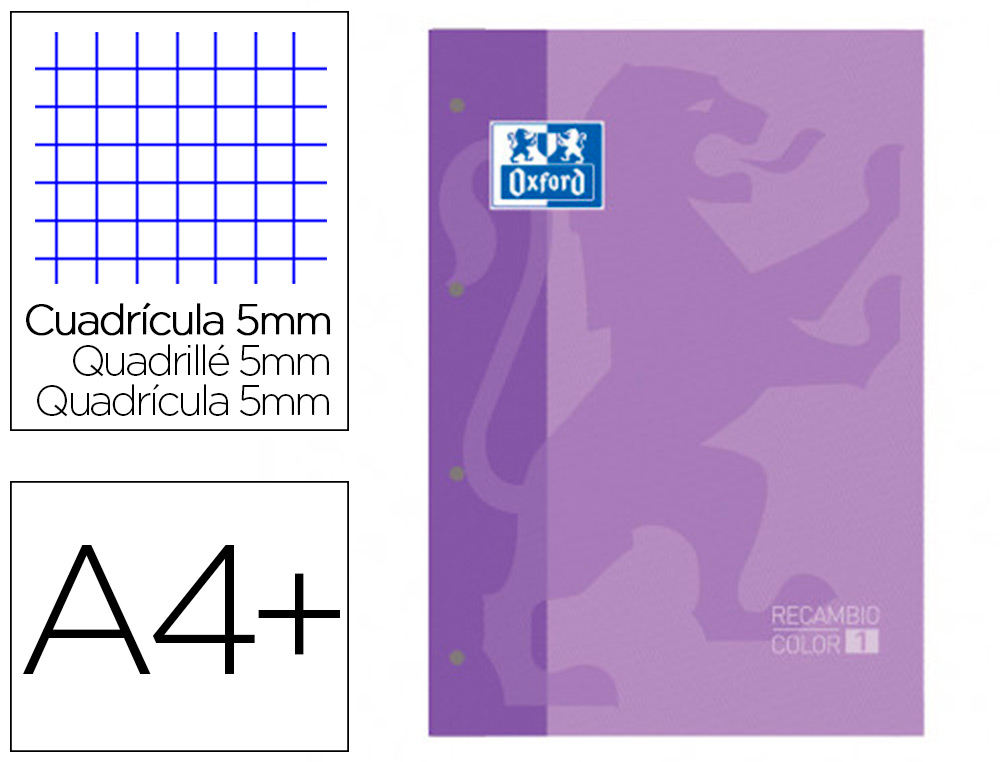 RECARGA COR 1 OXFORD DIN A4+ 80 FOLHAS 90 GR QUADRICULA 5 MM 4 FUROS COR LILAS