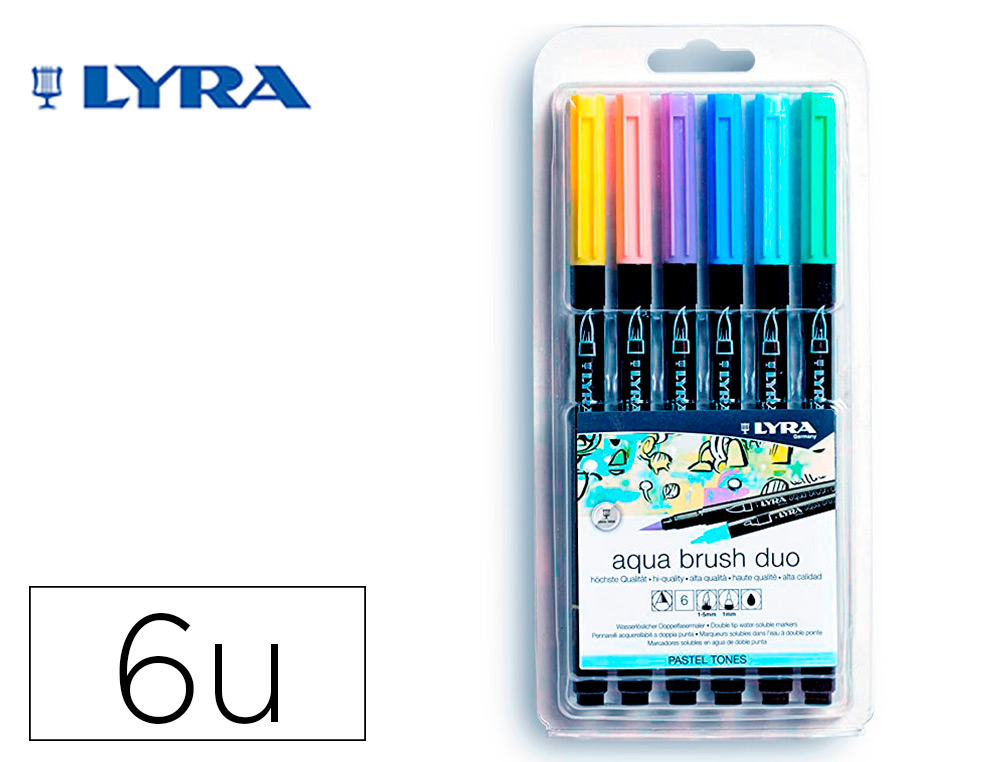 MARCADOR LYRA AQUA BRUSH AGUARELAVEL DUPLA PONTA E PINCEL TONS PASTEL BLISTER DE 6 UNIDADES SORTIDAS