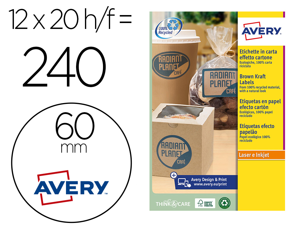ETIQUETA ADESIVA AVERY KRAFT EFEITO CARTAO REDONDA 60 MM REMOVIVEL PARA LASER E TINTEIRO CAIXA DE 300 UNIDADES