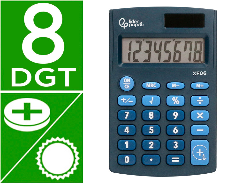 CALCULADORA LIDERPAPEL DE BOLSO XF06 8 DIGITOS SOLAR E PILHAS COR AZUL 98X62X8 MM
