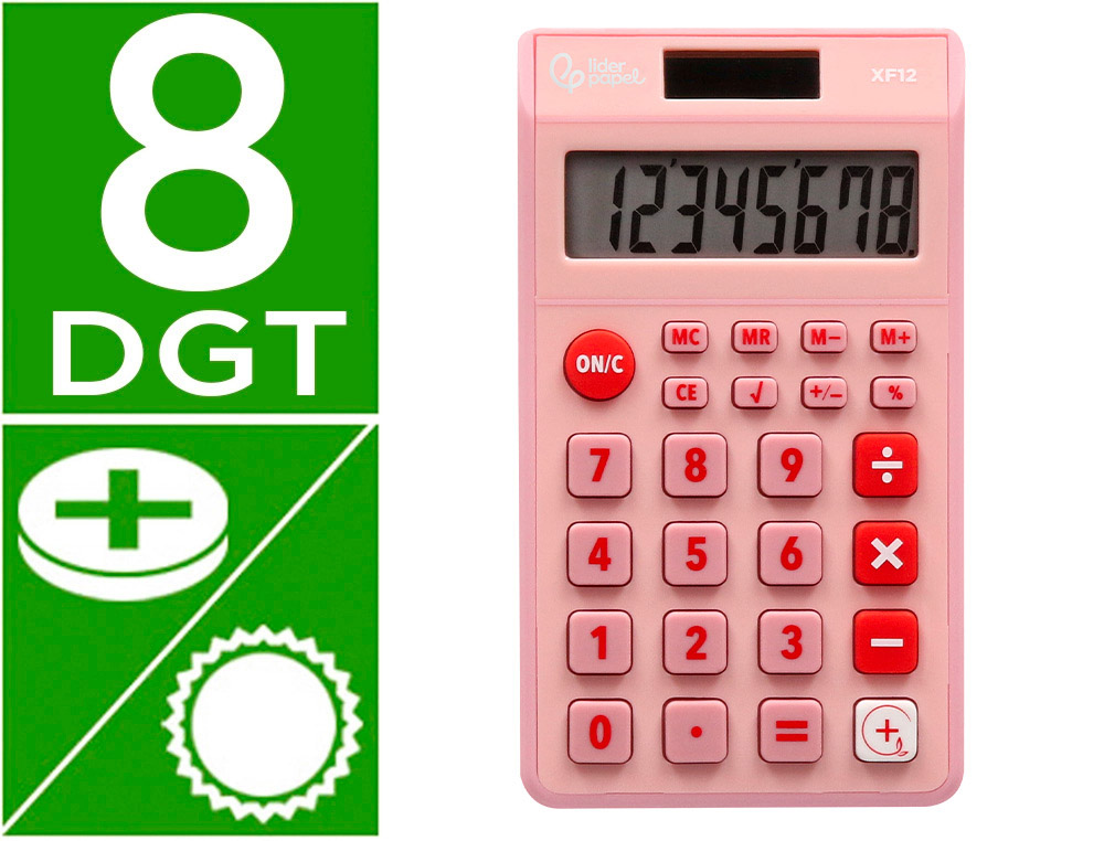 CALCULADORA LIDERPAPEL DE BOLSO XF12 8 DIGITOS SOLAR E PILHAS COR ROSA 115X65X8 MM