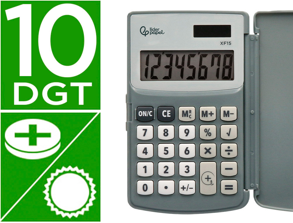 CALCULADORA LIDERPAPEL DE BOLSO XF15 10 DIGITOS COM CAPA SOLAR E PILHAS COR CINZA 123X75X12 MM