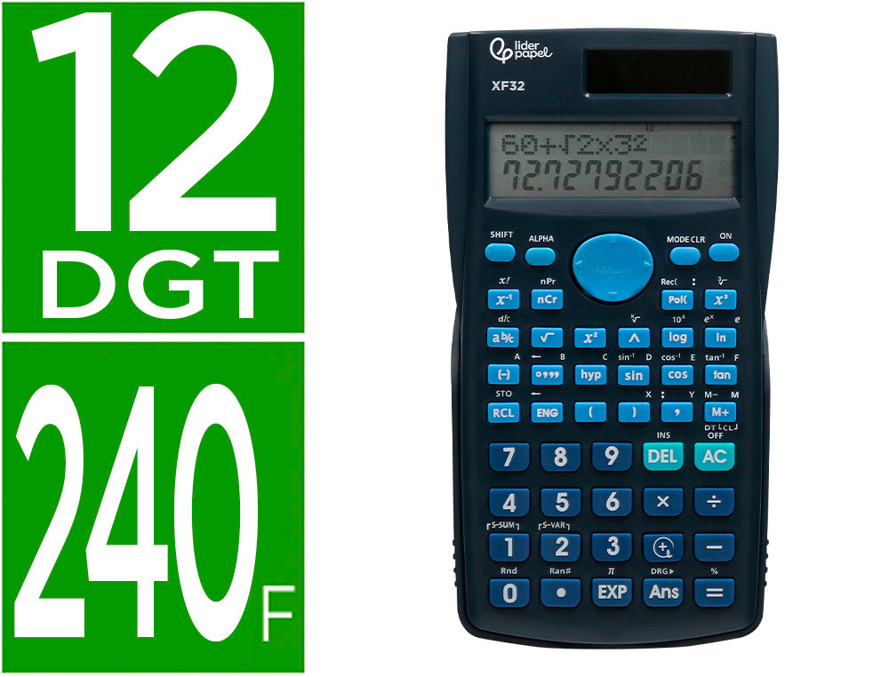 CALCULADORA LIDERPAPEL CIENTIFICA XF32 12 DIGITOS 240 FUNCOES COM TAMPA SOLAR E PILHAS COR AZUL 156X85X20 MM
