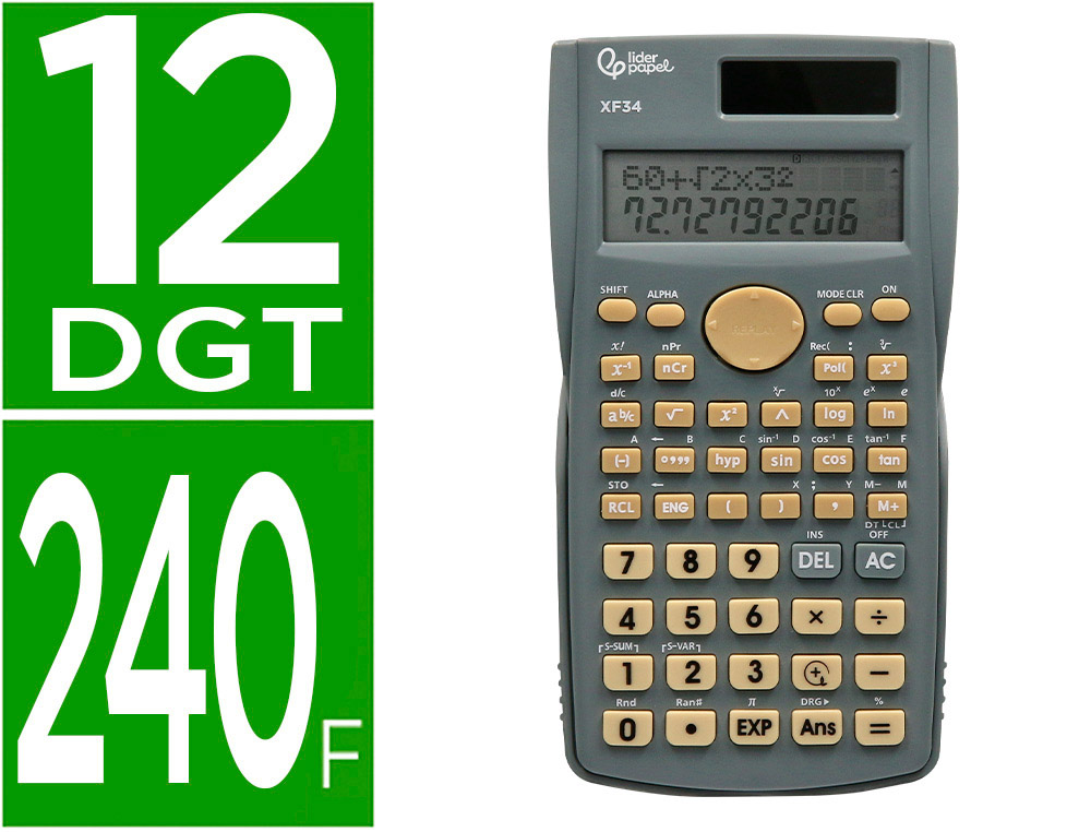 CALCULADORA LIDERPAPEL CIENTIFICA XF34 12 DIGITOS 240 FUNCOES COM TAMPA SOLAR E PILHAS COR CINZA 156X85X20 MM