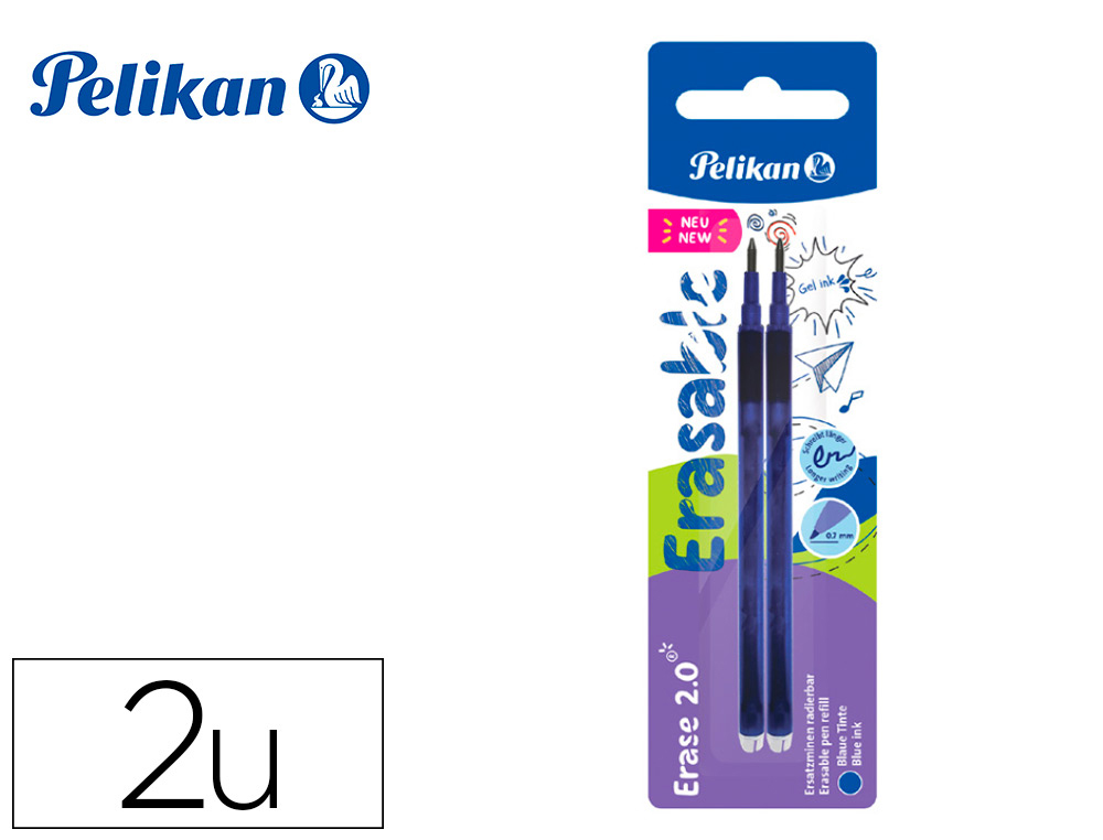 RECARGA ROLLER PELIKAN ERASE 2.0 COR AZUL BLISTER DE 2 UNIDADES