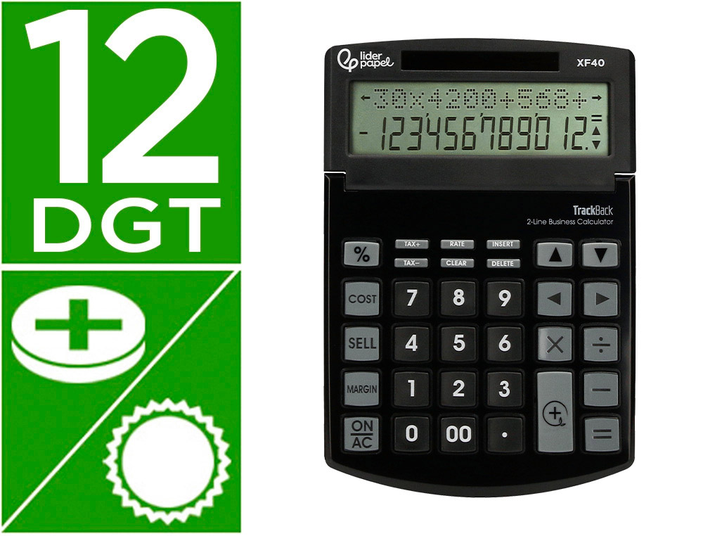 CALCULADORA LIDERPAPEL DE SECRETARIA XF40 12 DIGITOS DUAS LINHAS SOLAR E PILHAS COR PRETO 175X120X30 MM 40% PLASTICO REC
