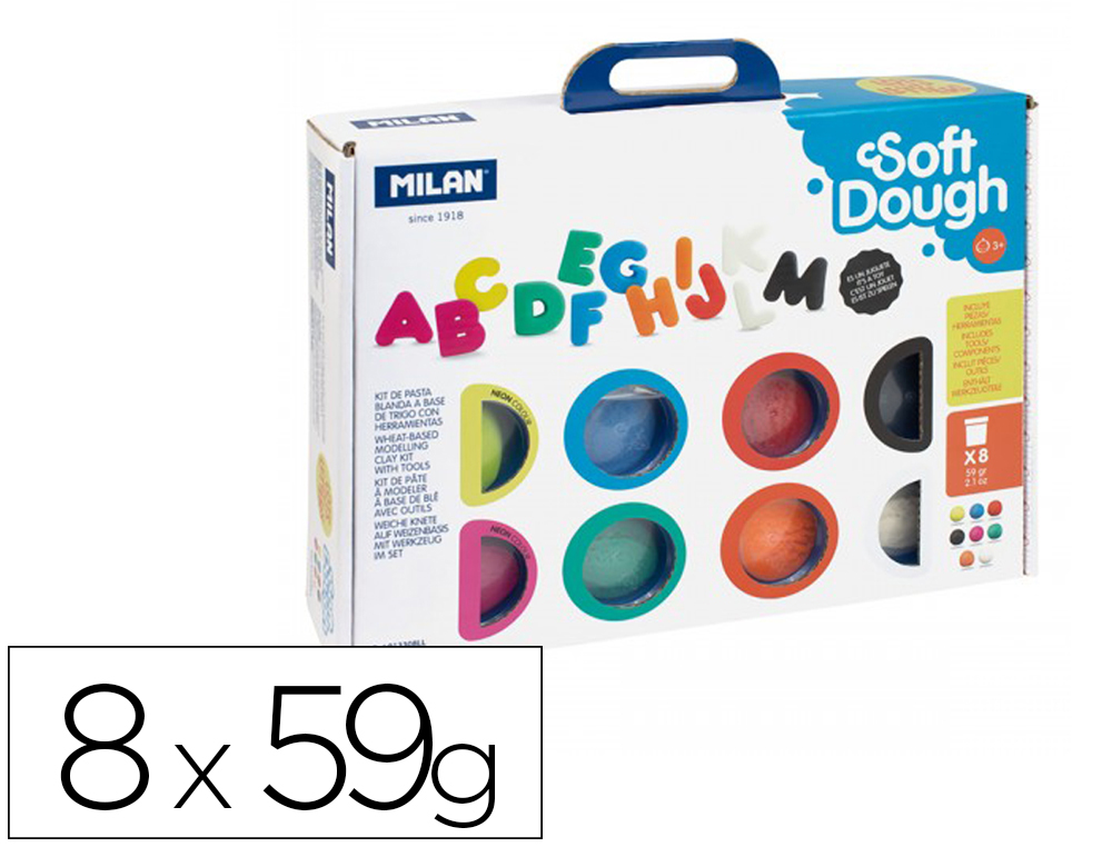 PASTA MILAN PARA MODELAR SOFT DOUGH MUITAS LETRAS COM FERRAMENTAS MALA COM 8 FRASCOS CORES SORTIDAS 59 G