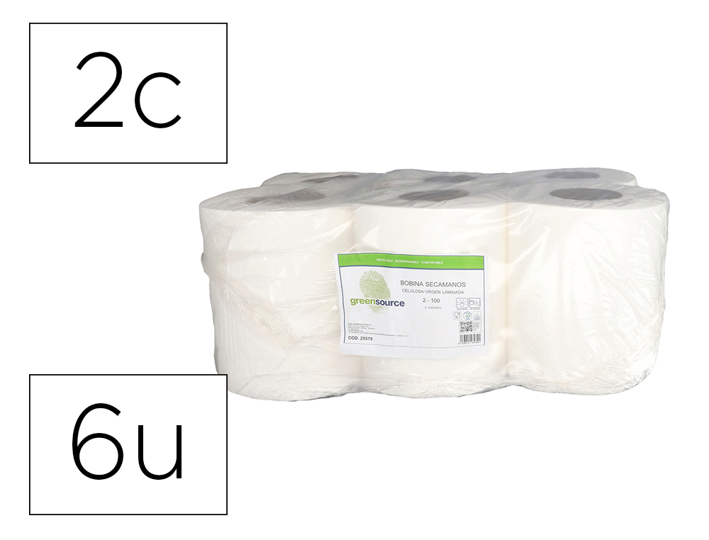 PAPEL SECA MAOS BUNZL GREENSOURCE CELULOSE BRANCO 2 FOLHAS 200 MM X 100 MT PACK DE 6 ROLOS