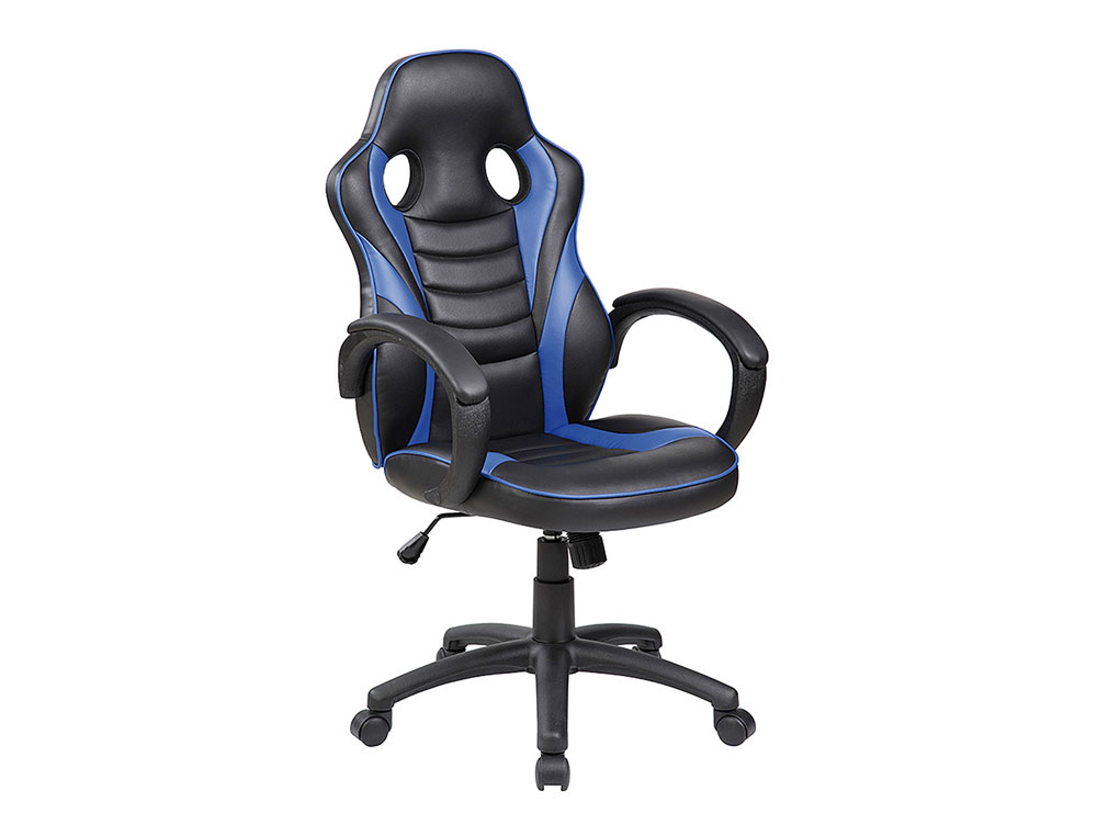CADEIRA ROCADA GAMING BRACOS FIXOS BASE NYLON COM RODAS BASCULANTE IMITACAO PELE PRETO/AZUL 480X490X1060-1160 MM