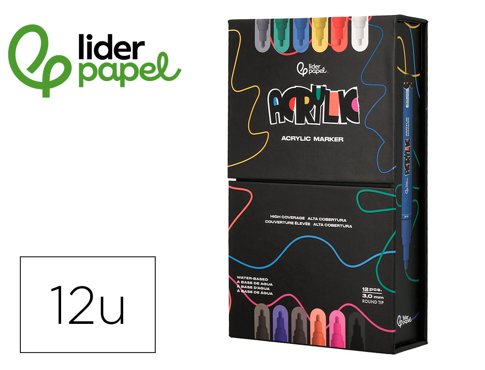 MARCADOR LIDERPAPEL ACRYLIC BASE AGUA TODO TIPO DE SUPERFICIE PONTA REDONDA 3 MM CAIXA DE 12 UNIDADES CORES