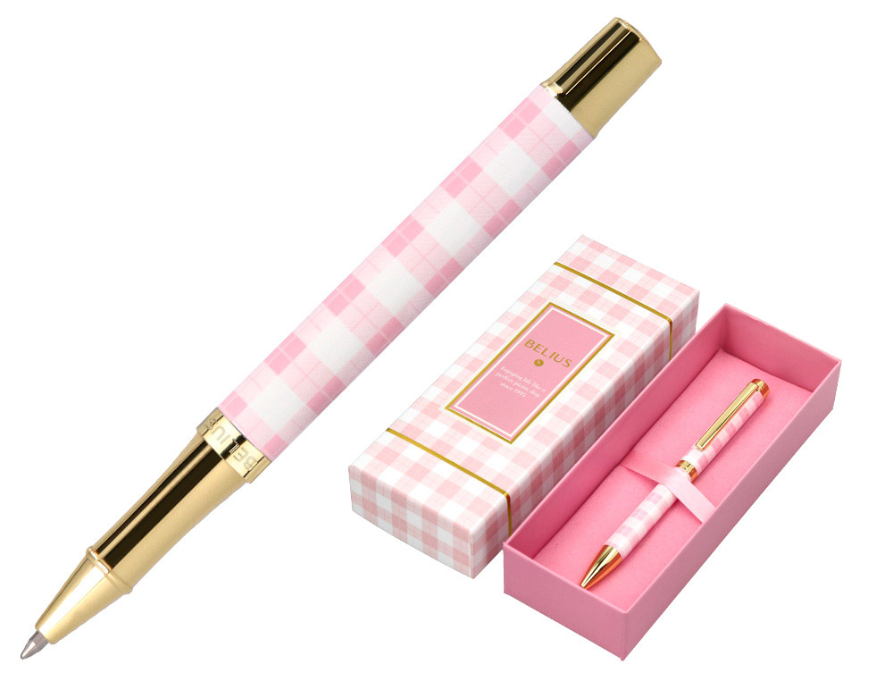 ESFEROGRAFICA BELIUS PICNIC ALUMINIO COR ROSA DOURADO TINTA COR AZUL CAIXA DE DESIGN