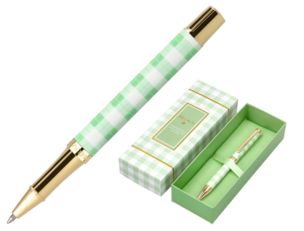 ESFEROGRAFICA BELIUS PICNIC ALUMINIO COR VERDE DOURADO TINTA COR AZUL CAIXA DE DESIGN
