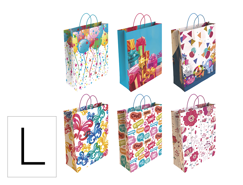 SACO PARA PRESENTE BASIKA PAPEL REVESTIDO 160 GR TODO ANO COM ASA RETORCIDA TAMANHO L 32+14X40 CM
