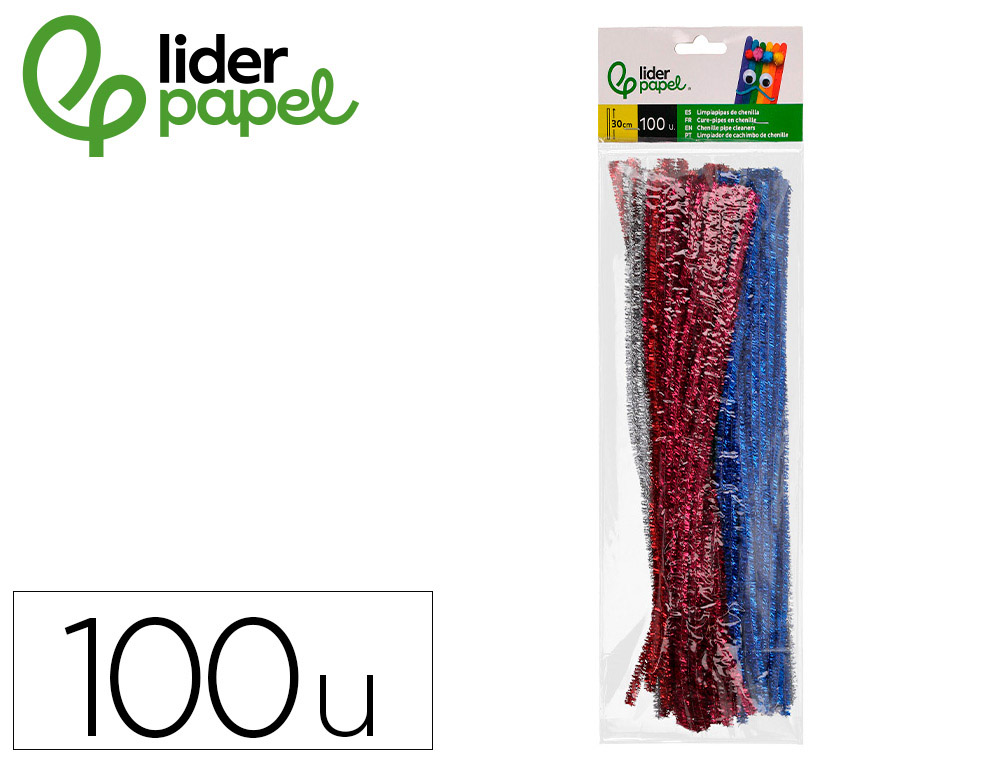 TIRAS DE CHENILLE LIDERPAPEL 30 CM CORES BRILHANTES SORTIDAS BOLSA DE 100 UNIDADES