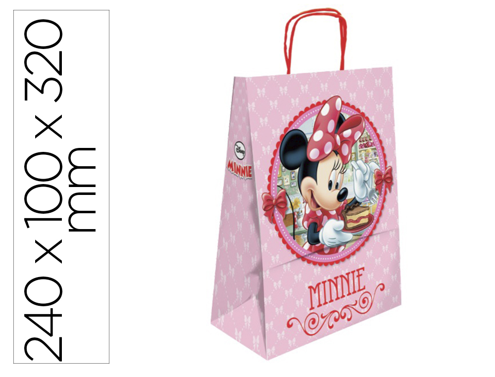 SACO PARA PRESENTE BASIKA PAPEL CELULOSE 90 GR MINNIE COM ASA RETORCIDA TAMANHO S 240X100X320MM