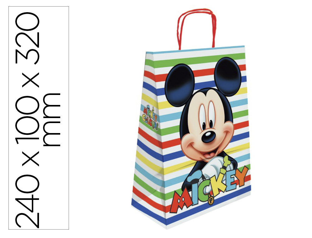 SACO PARA PRESENTE BASIKA PAPEL CELULOSE 90 GR MICKEY COM ASA RETORCIDA TAMANHO S 240X100X320MM