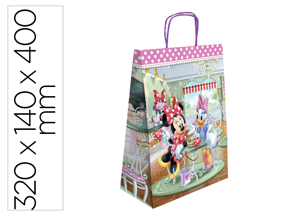 SACO PARA PRESENTE BASIKA PAPEL CELULOSE 90 GR MINNIE COM ASA RETORCIDA TAMANHO L 320X140X400 MM