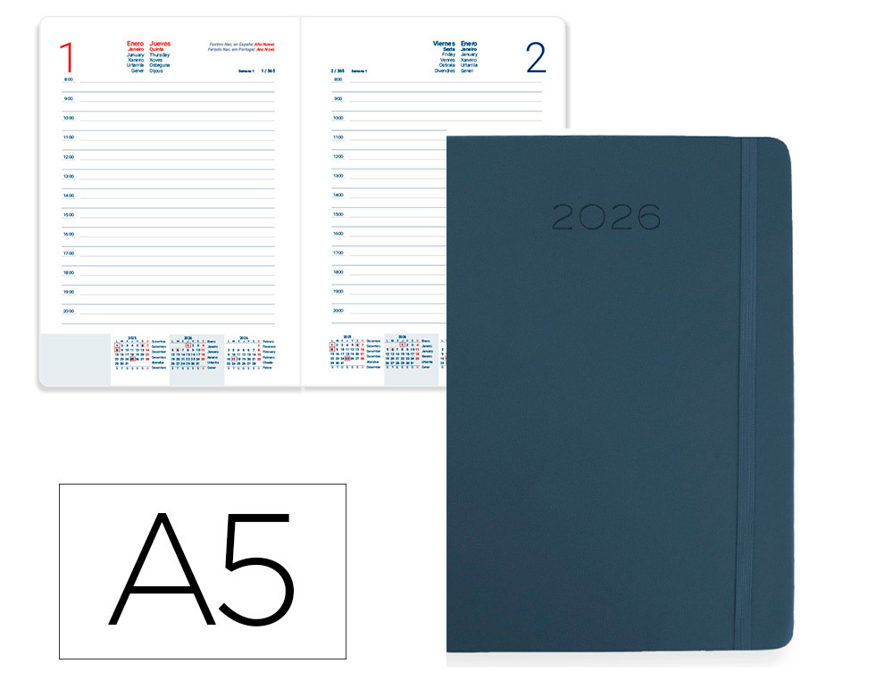 AGENDA ENCADERNADA LIDERPAPEL MYKONOS 15X21 2026 DIA PAGINA AZUL ESCURO PAPEL 70 GR FSC