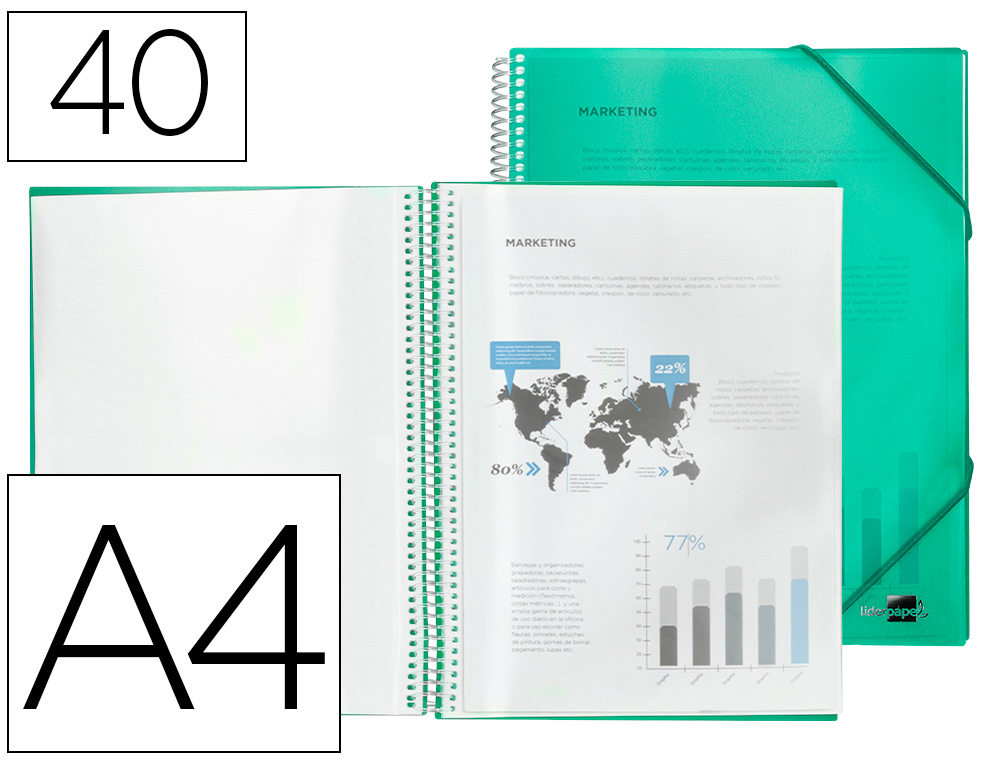 CAPA CATALOGO LIDERPAPEL COM ESPIRAL 40 BOLSAS POLIPROPILENO DIN A4 VERDE