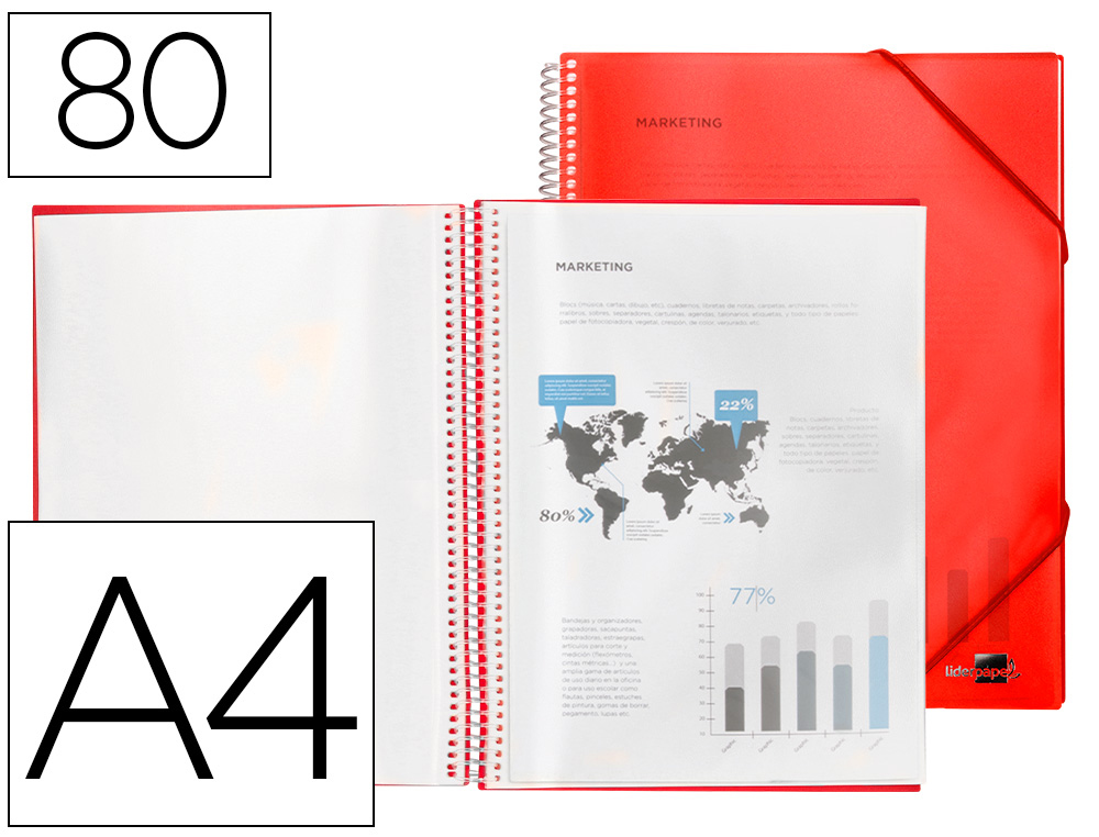 CAPA CATALOGO LIDERPAPEL COM ESPIRAL 80 BOLSAS POLIPROPILENO DIN A4 VERMELHO