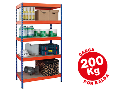 ESTANTE AR STORAGE METALICA 180X90X40 CM 5 PRATELEIRAS 200KG POR PRAT.EM MADEIRA SEM PARAFUSOS COR AZUL/LARANJA