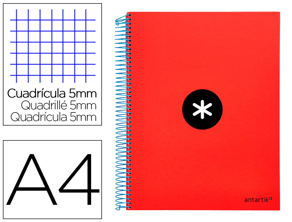 CADERNO ESPIRAL DIN A4 ANTARTIK CAPA FORRADA 120 F 100 GR QUADRICULA 5 MM 5 BANDAS DE CORES COR VERMELHO