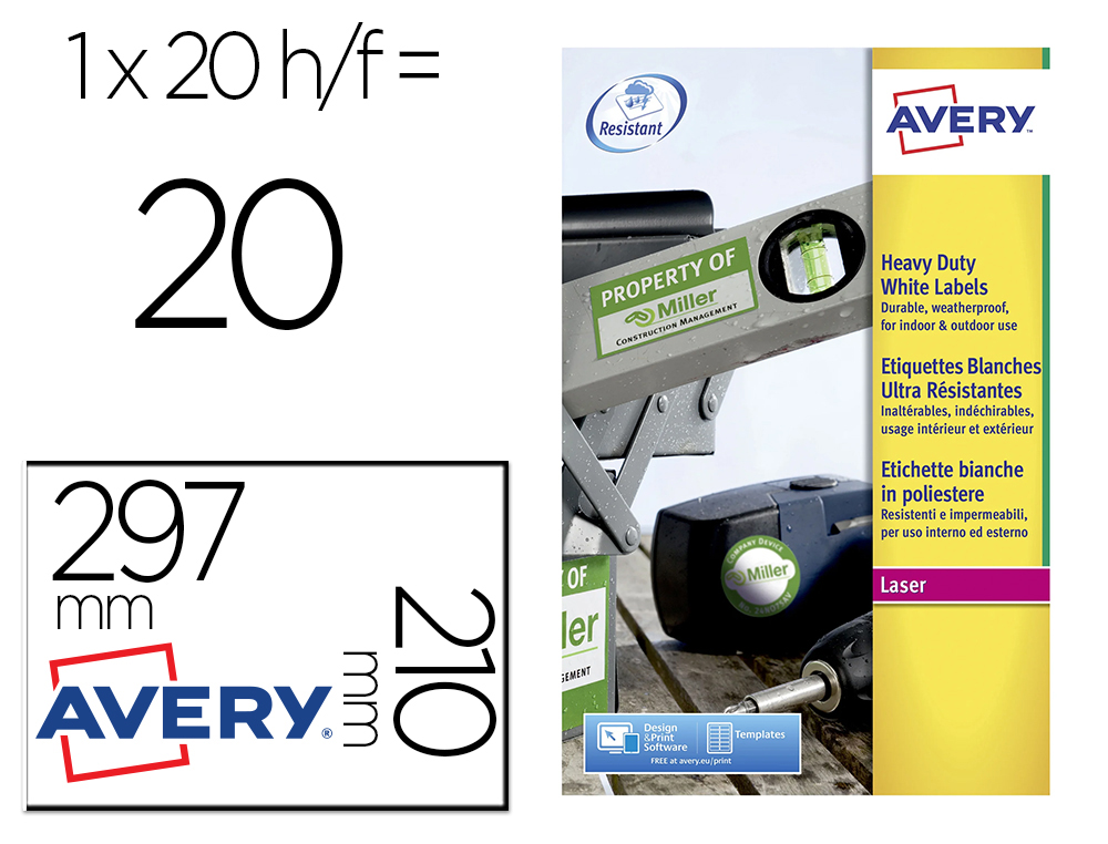 ETIQUETA ADESIVA AVERY POLIESTER BRANCO 210 X 297 MM LASER PACK DE 20 UNIDADES