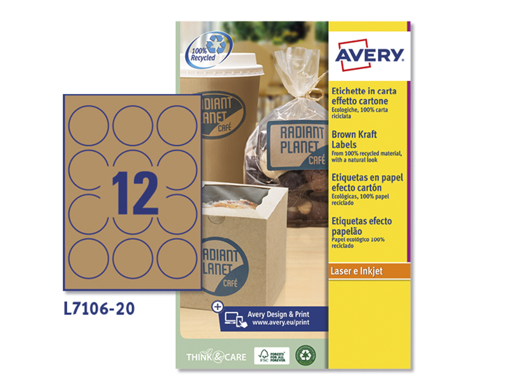 ETIQUETA ADESIVA AVERY KRAFT EFEITO CARTAO REDONDA 60 MM REMOVIVEL PARA LASER E TINTEIRO CAIXA DE 300 UNIDADES