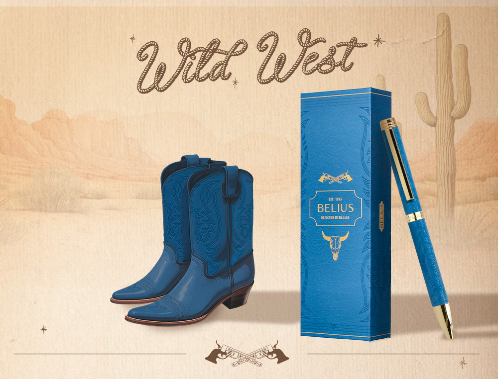 ESFEROGRAFICA BELIUS WILD WEST ALUMINIO COR AZUL MARINHO DOURADO TINTA COR AZUL CAIXA DE DESIGN