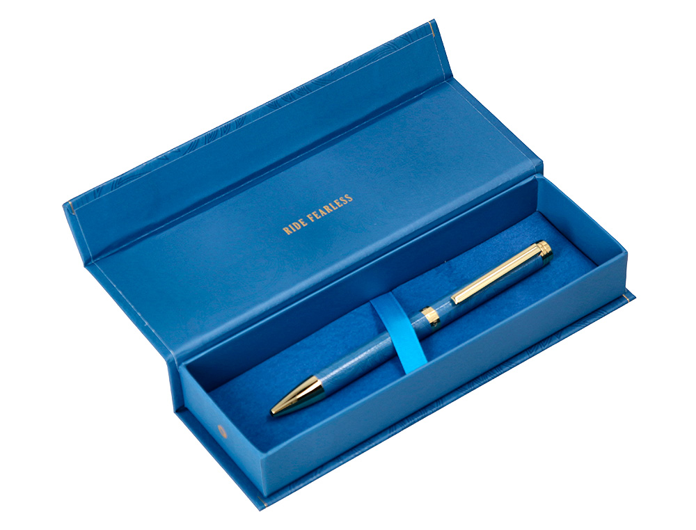 ESFEROGRAFICA BELIUS WILD WEST ALUMINIO COR AZUL MARINHO DOURADO TINTA COR AZUL CAIXA DE DESIGN