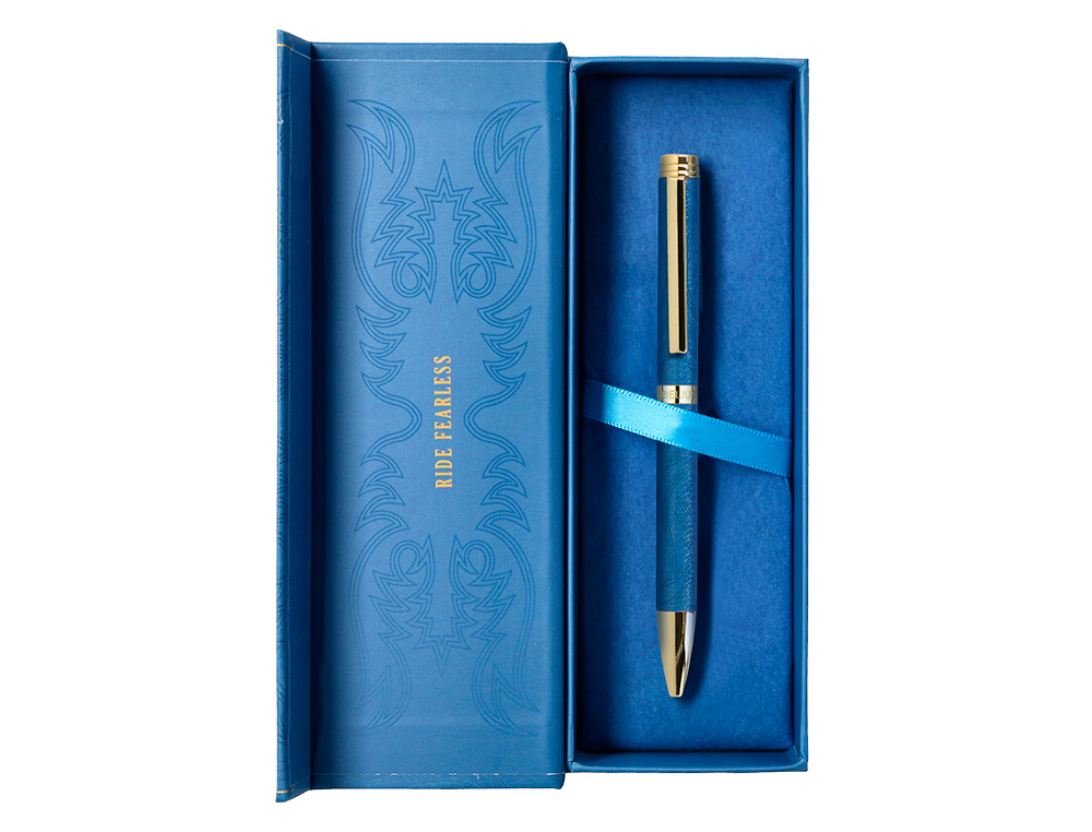 ESFEROGRAFICA BELIUS WILD WEST ALUMINIO COR AZUL MARINHO DOURADO TINTA COR AZUL CAIXA DE DESIGN