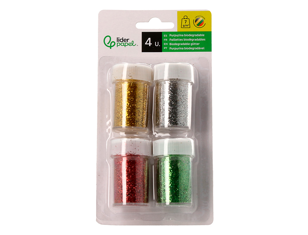 PURPURINA LIDERPAPEL BIODEGRADAVEL FANTASIA FRASCO DE 7 GR CORES METALICAS SORTIDAS BLISTER DE 4 UNIDADES