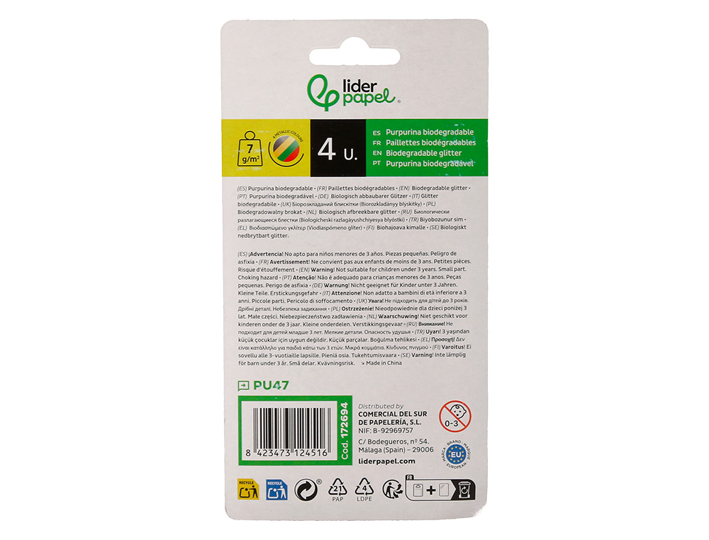 PURPURINA LIDERPAPEL BIODEGRADAVEL FANTASIA FRASCO DE 7 GR CORES METALICAS SORTIDAS BLISTER DE 4 UNIDADES