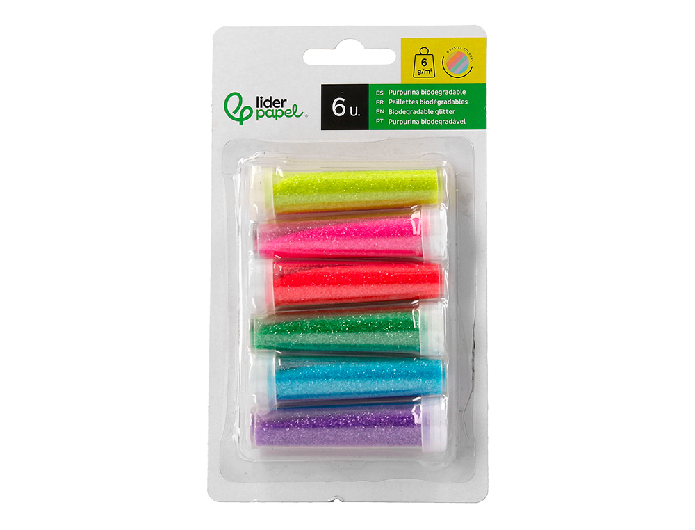 PURPURINA LIDERPAPEL BIODEGRADAVEL FANTASIA FRASCO DE 6 GR CORES METALICAS PASTEL SORTIDAS BLISTER DE 6 UNIDADES