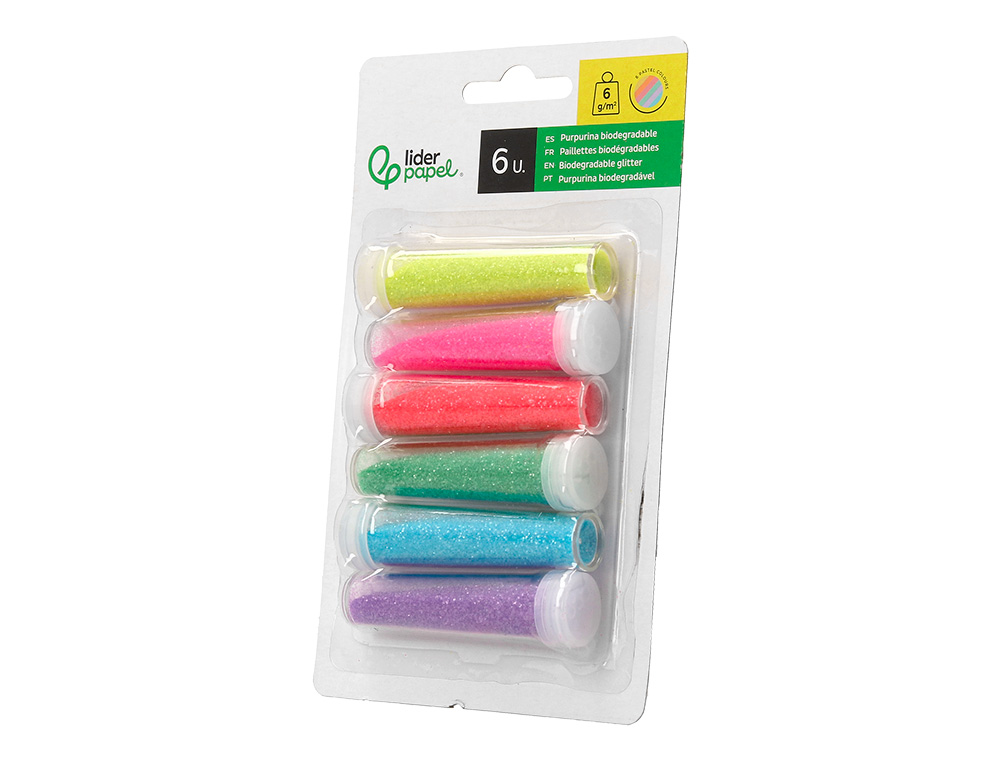 PURPURINA LIDERPAPEL BIODEGRADAVEL FANTASIA FRASCO DE 6 GR CORES METALICAS PASTEL SORTIDAS BLISTER DE 6 UNIDADES