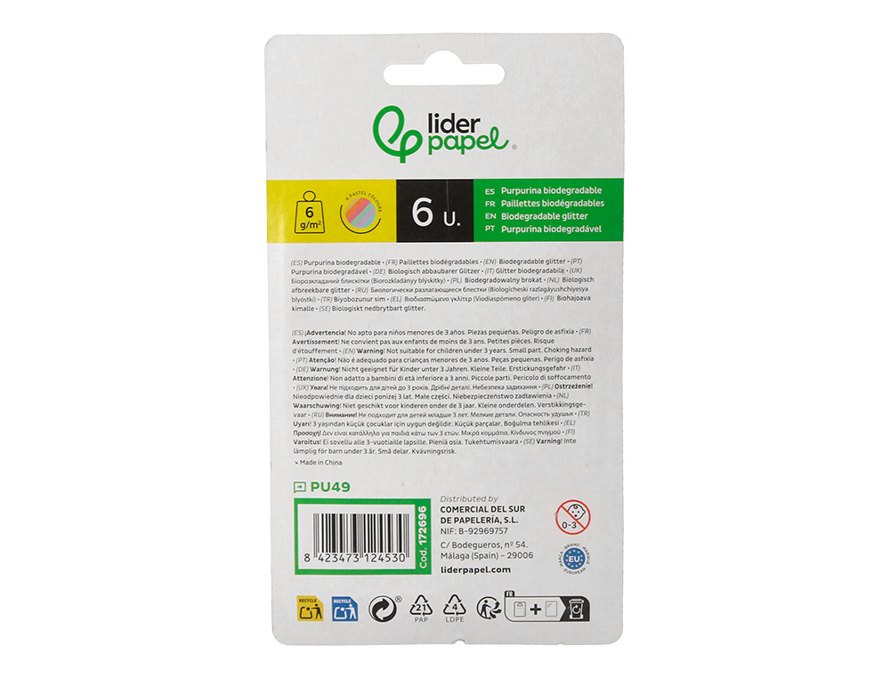 PURPURINA LIDERPAPEL BIODEGRADAVEL FANTASIA FRASCO DE 6 GR CORES METALICAS PASTEL SORTIDAS BLISTER DE 6 UNIDADES