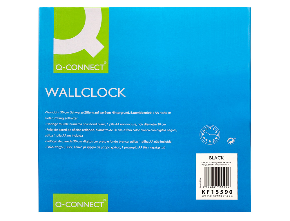 RELOGIO Q-CONNECT DE PAREDE REDONDO EM PLASTICO DIAMETRO 30 CM ARO PRETO