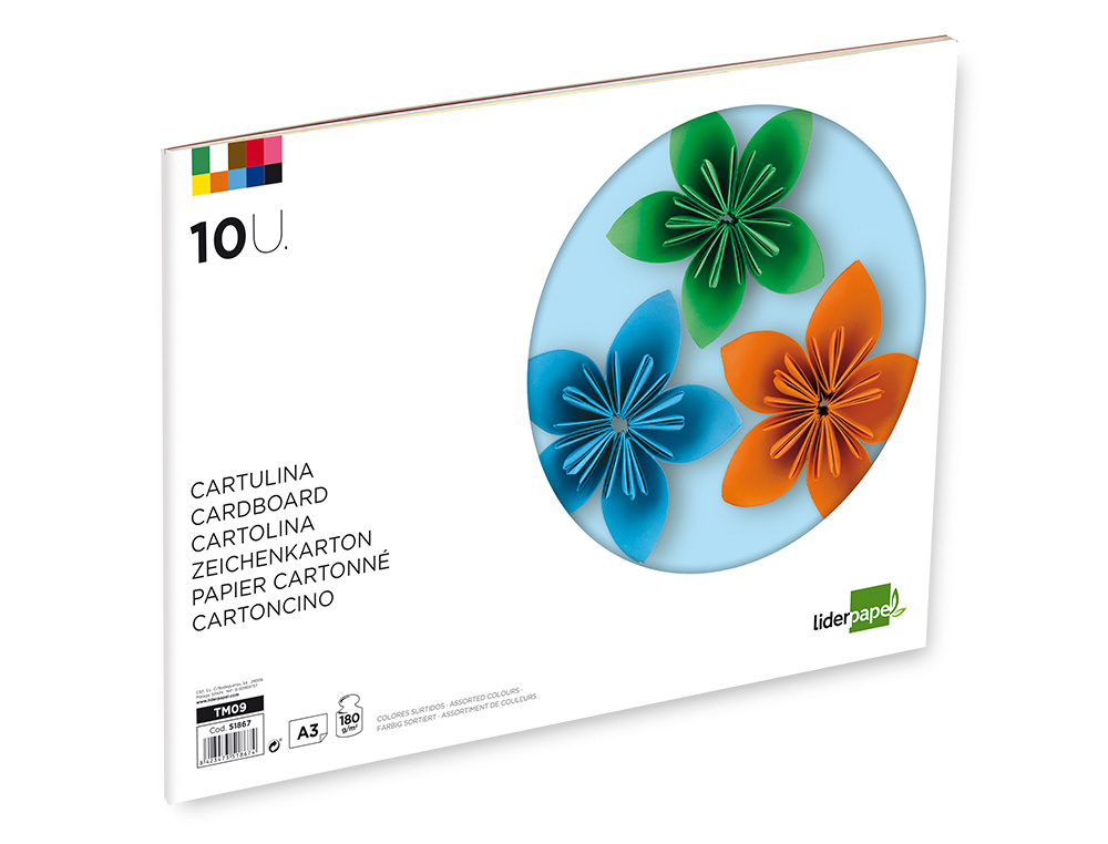 BLOCO TRABALHOS MANUAIS LIDERPAPEL CARTOLINA DIN A3 10 FOLHAS 180 GR CORES SORTIDAS