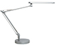 CANDEEIRO DE ESCRITORIO UNILUXLED 5,6W DUPLO BRACO ARTICULADO ABS E ALUMINIO CINZA METALIZADO BASE 19CM DIAMETRO