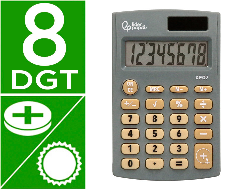 CALCULADORA LIDERPAPEL DE BOLSO XF07 8 DIGITOS SOLAR E PILHAS COR CINZA 98X62X8 MM