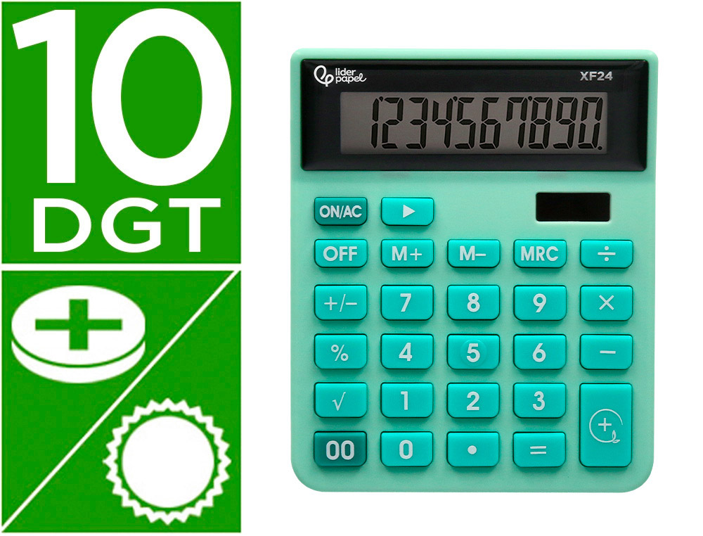 CALCULADORA LIDERPAPEL DE SECRETARIA XF24 10 DIGITOS SOLAR E PILHAS COR VERDE 127X105X24 MM