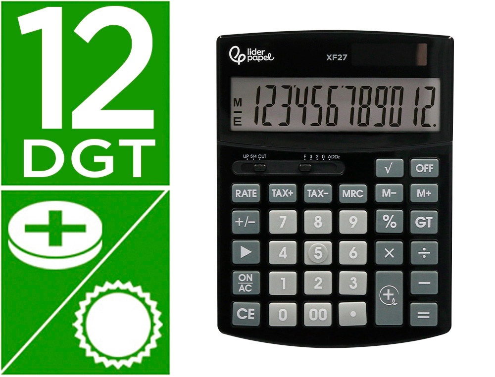 CALCULADORA LIDERPAPEL DE SECRETARIA XF27 12 DIGITOS TAXAS SOLAR E PILHAS COR PRETO 155X115X25 MM